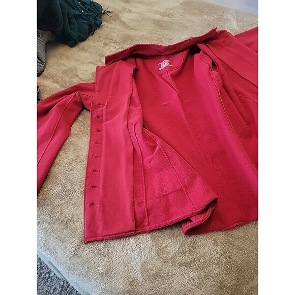 White Lotus Jersey‎ Stretch Blazer Rolled Hem Pockets Wood Metal Buttons Small - Picture 12 of 14